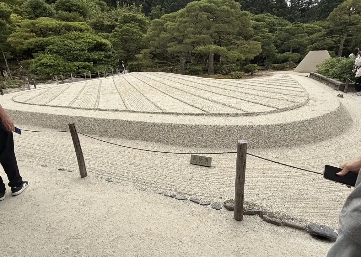 The Ginshadan 'sea of silver sand' and the Kogetsudai moon-viewing sand cone at Ginkaku-ji — our own photo