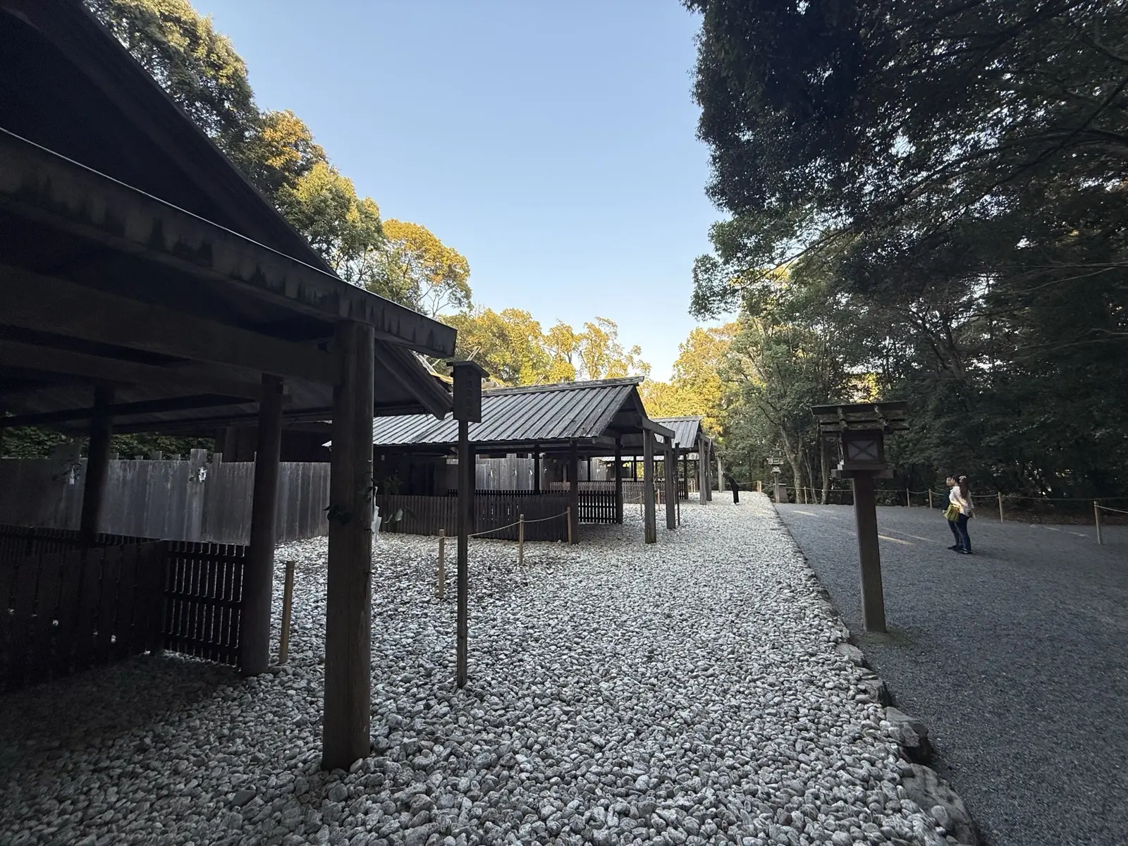 The plain unpainted cypress-wood buildings of Ise Jingu with dark metal roofs, set on white gravel among cedar forest