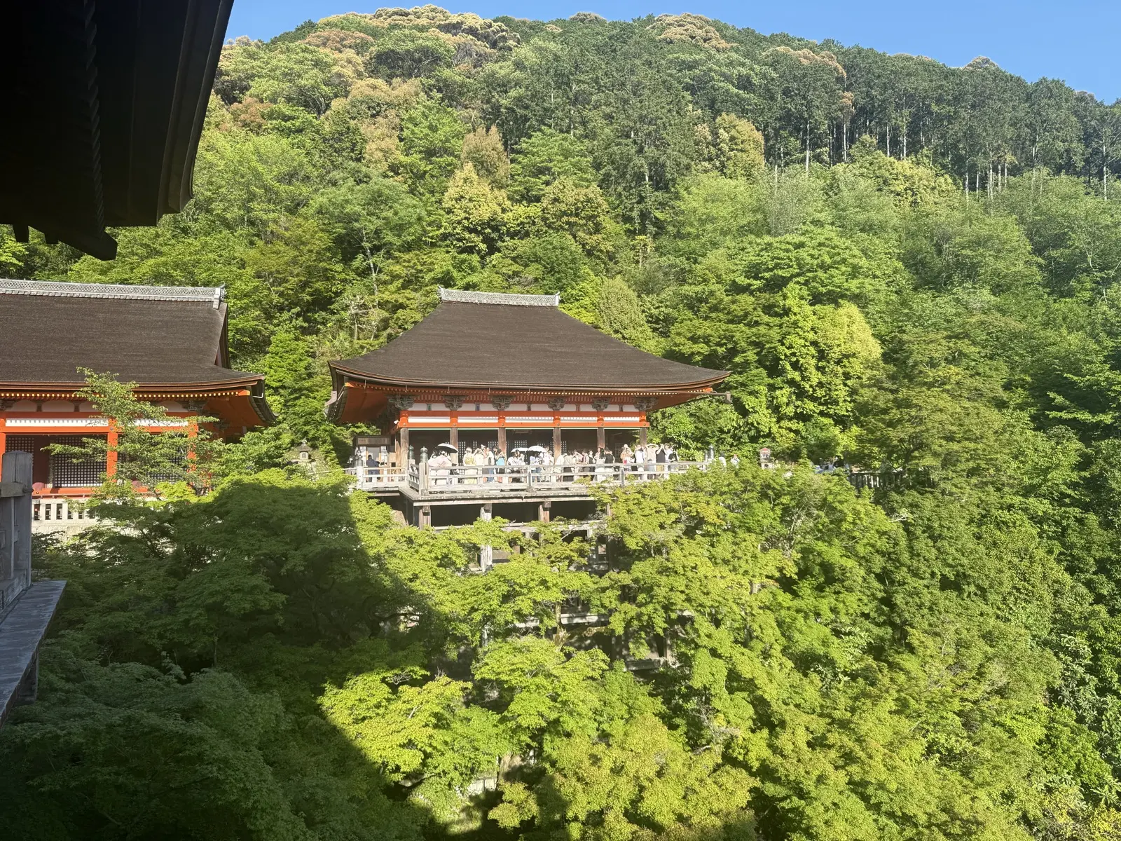 A hall of Kiyomizu-dera on wooden stilts over the Kyoto hillside