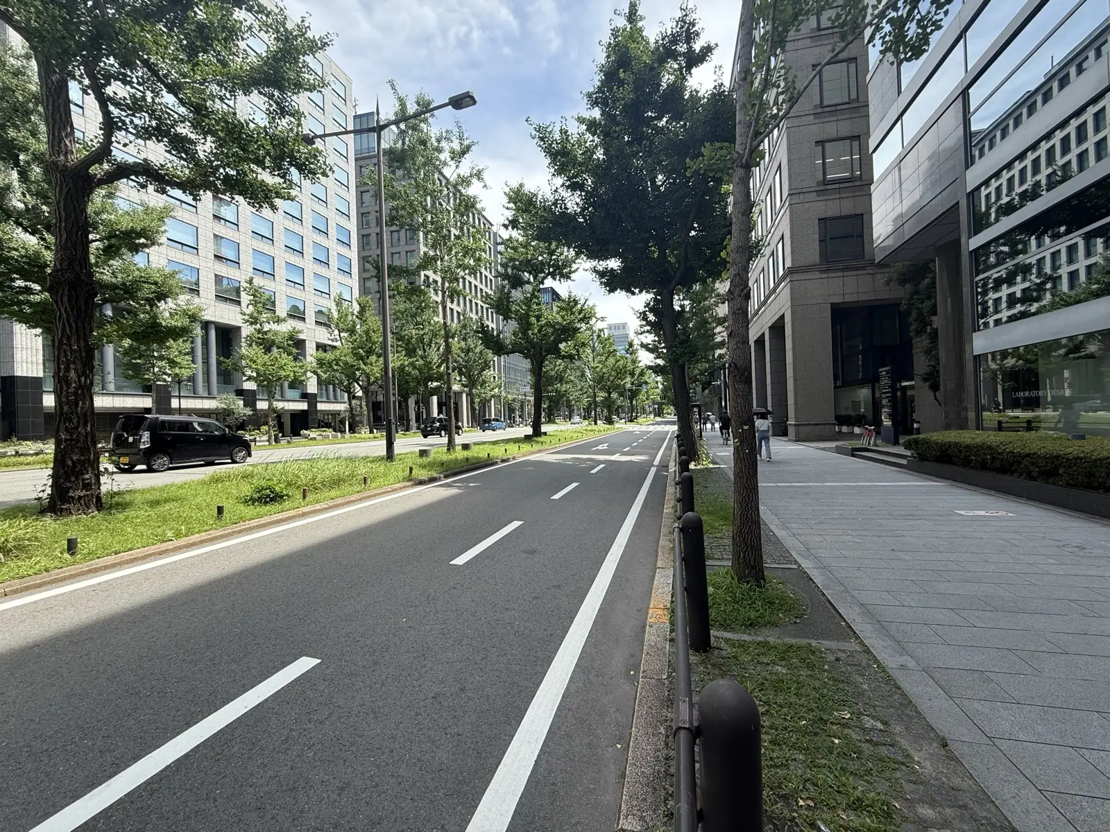 Midosuji boulevard in Osaka, a wide clean avenue lined with ginkgo trees and office towers, with a bike lane and pedestrians