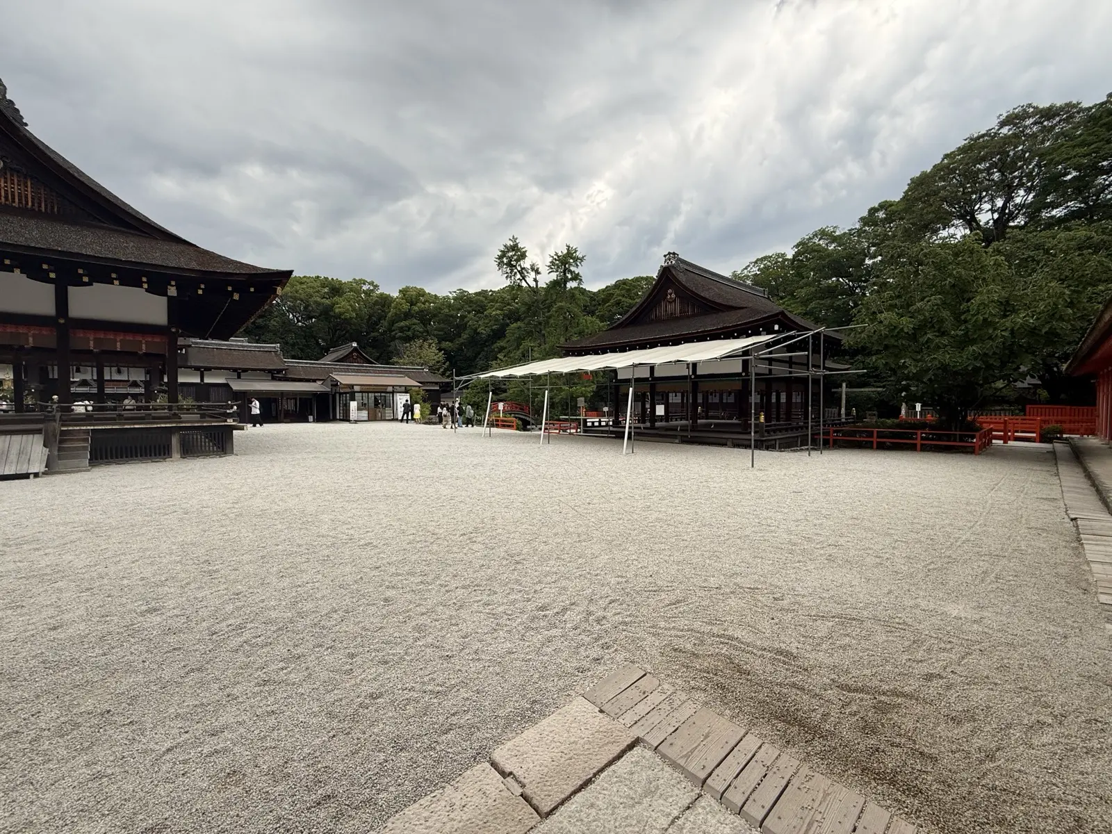 The calm gravel-spread main precinct of Shimogamo Shrine — our own photo